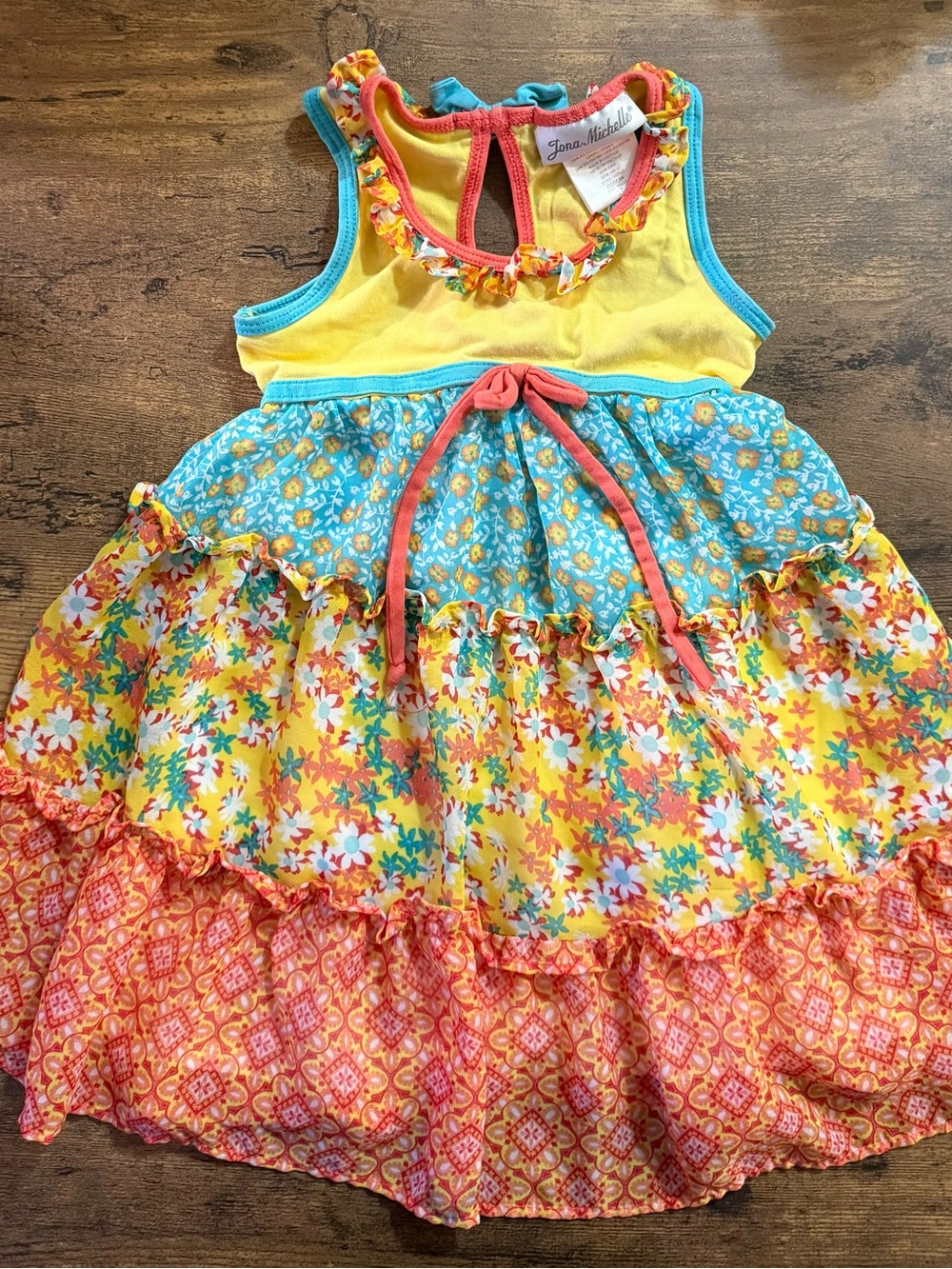 Jona Michelle Yellow, Turquoise & Coral Tiered Floral Dress